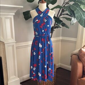 Tahari Twist Halter Abstract Floral Belted Midi Dress